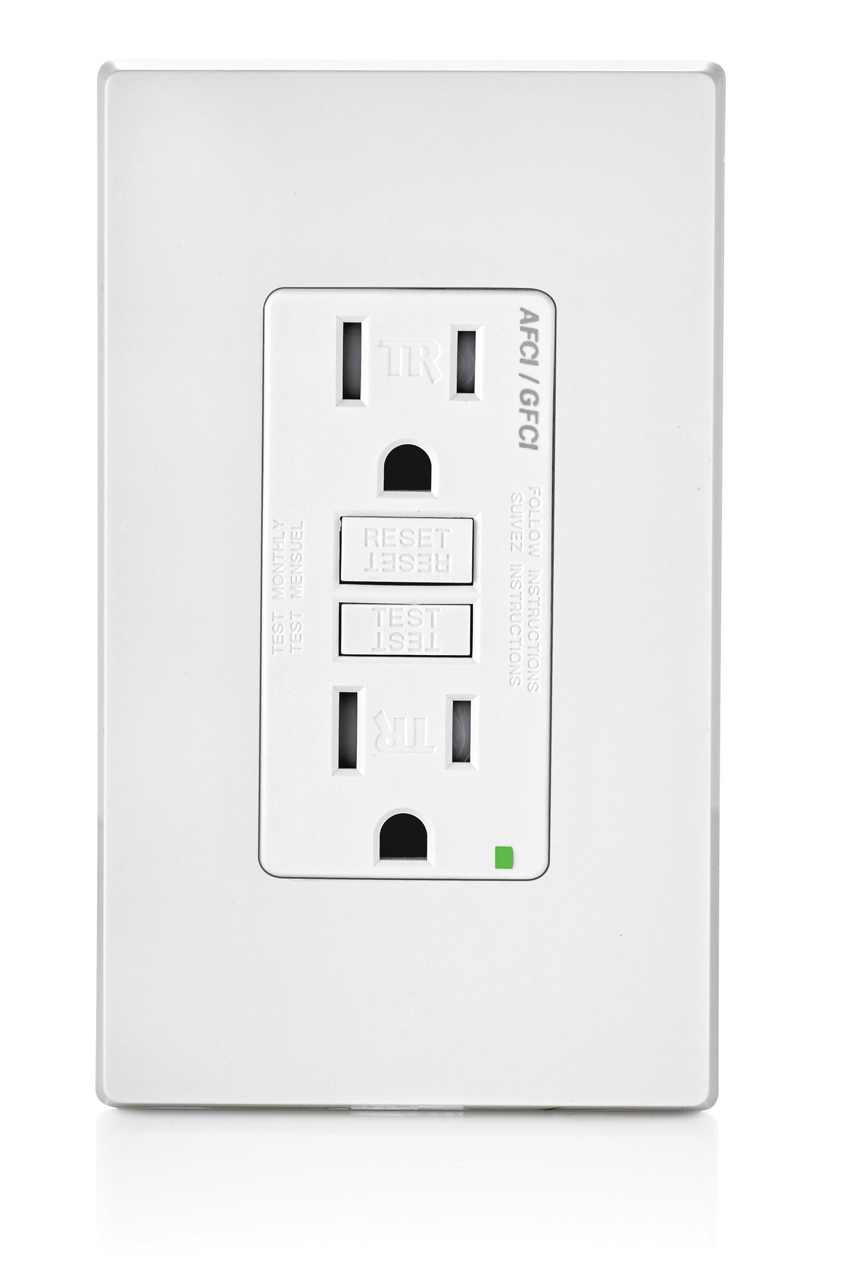 AFCI/GFCI receptacle with test and reset buttons