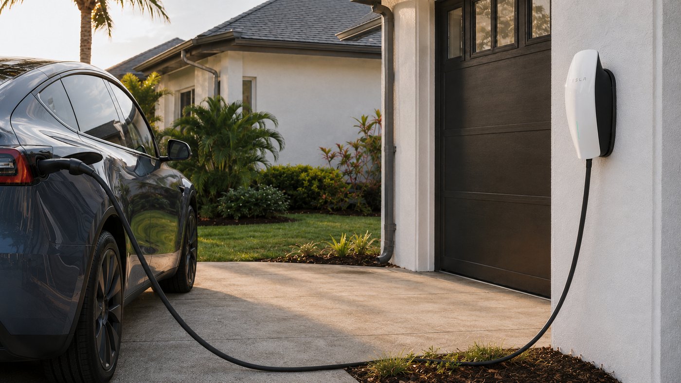 Home EV charger installed on a driveway wall