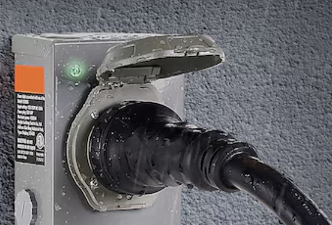 Power inlet box with generator cord connected for a portable generator hookup